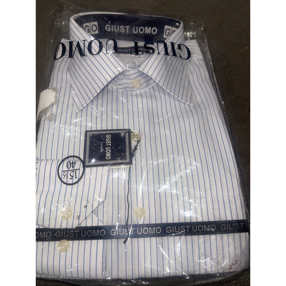 NWT Giust Uomo Dress Shirt Men 15.5/40 Blue Stripe Cotton Long Sleeve Button Up